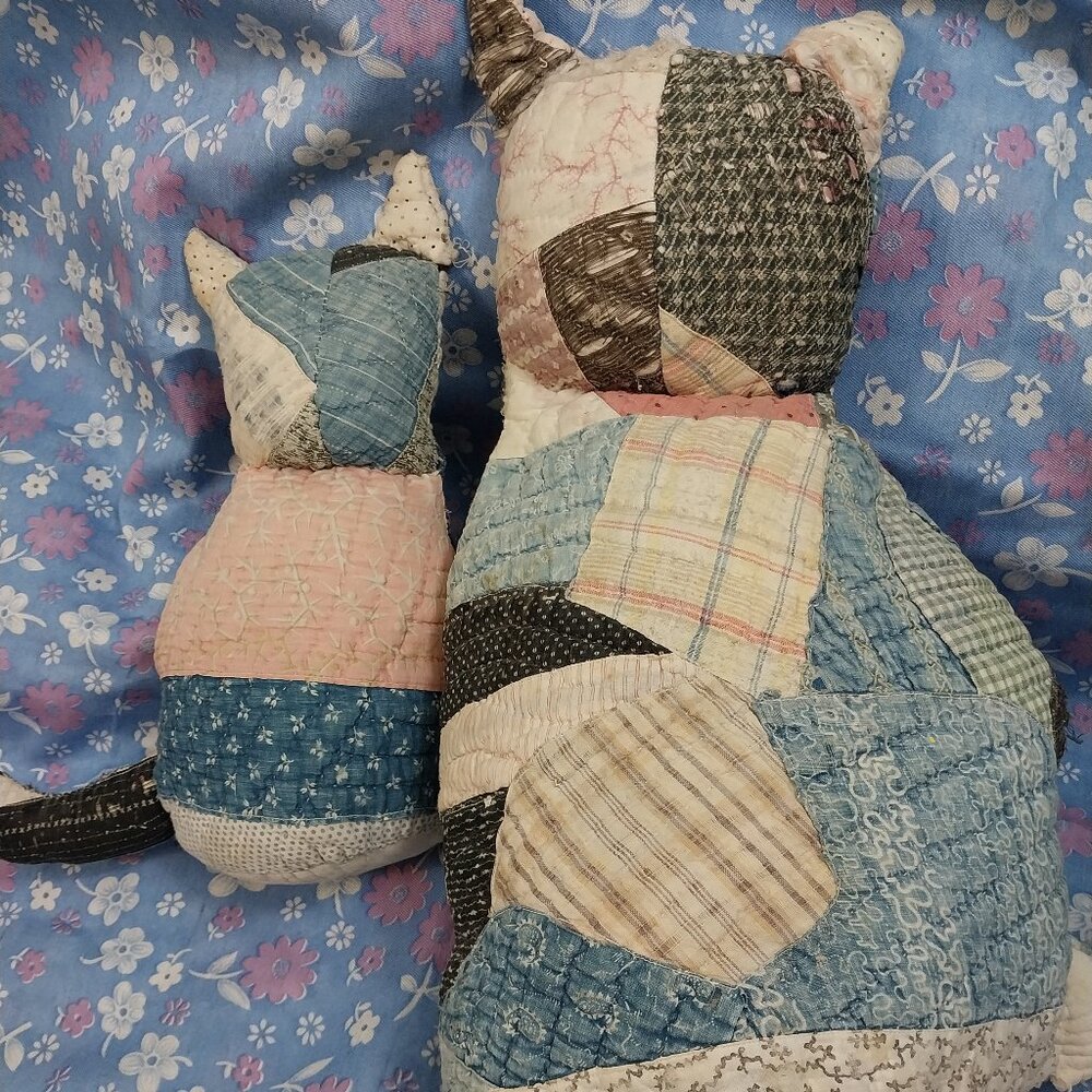 3255 Vintage Quilt Stuffed Cats, 18" and 12" tall.